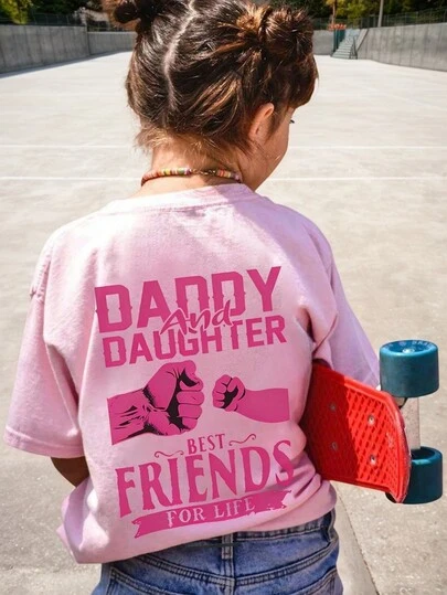 1pc Young Girl "Daddy's Best Ally" Graphic Short Sleeve T-Shirt, Summer Top For Girls Preparing To Play
