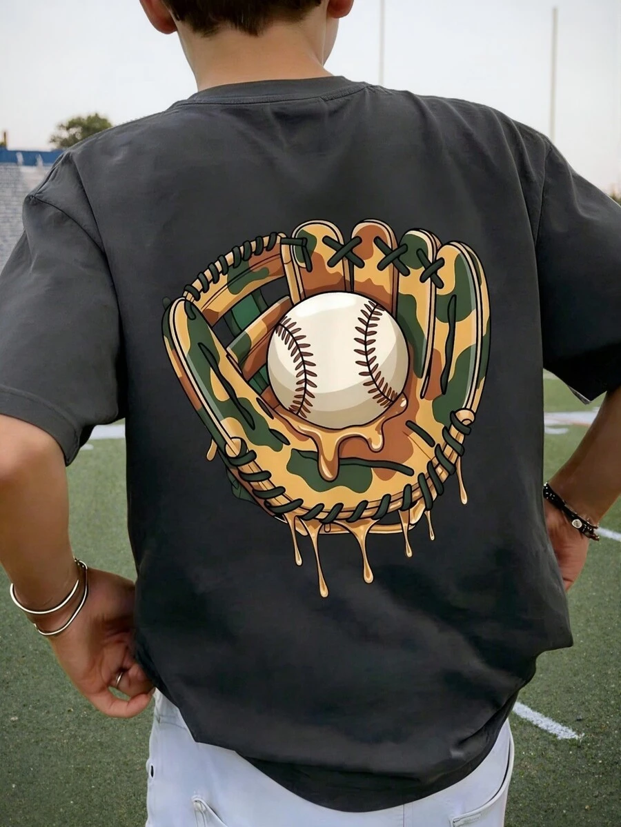 1pc Tween Boy Casual Baseball Sports Graphic Print Short Sleeve T-Shirt, Summer Top For Young Male Students - Dark Grey - View 1