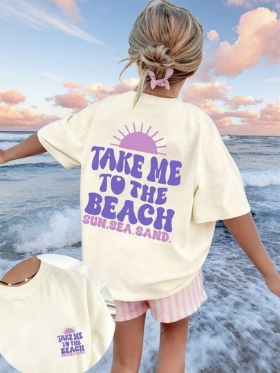 1pc Printed Crew Neck Short Sleeve T-Shirt For Tween GirlsJuniors, Ideal For Beach Activities