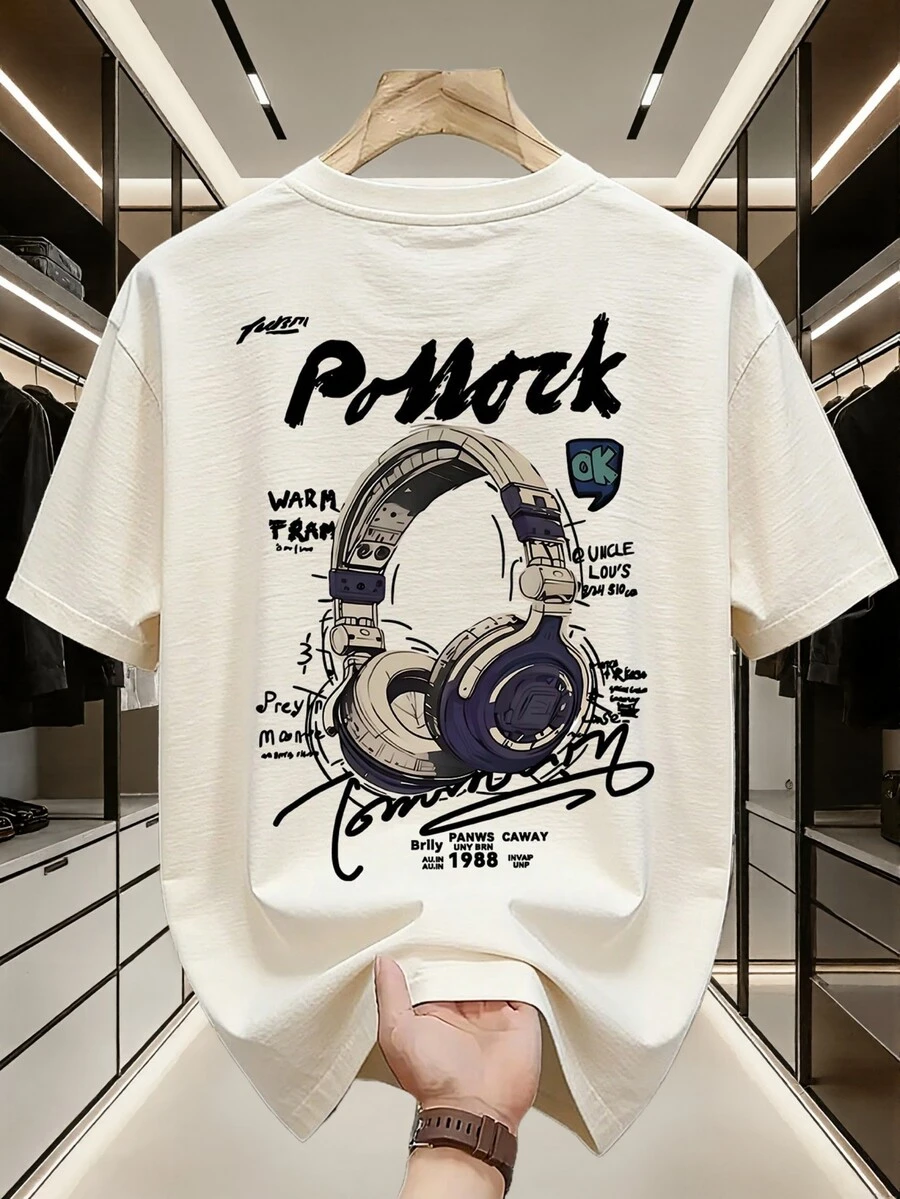 1pc Tween Boy Casual Headphone Graphic Print Short Sleeve T-Shirt, Summer Top For Young Students - Apricot - View 1