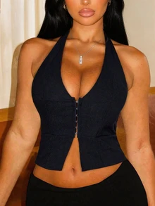 Áo tank top Yuwenier Y2K cổ chữ V, đính vòng kim loại phía trước, xẻ tà bất đối xứng, ôm sát eo, thích hợp cho đi chơi, hẹn hò, Halloween, lễ hội âm nhạc, màu đen casual mùa hè. - màu đen - Xem 6