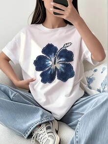 Áo thun ngắn tay in hoa cho bé gái tuổi teen, trang phục thường ngày cho học sinh và các bạn trẻ, áo mùa hè cho bé gái sẵn sàng vui chơi. - trắng - Xem 2