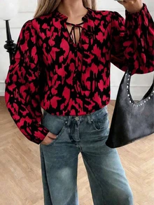 Women's V-Neck Leopard Print Tie-Up Puff Sleeve Casual Shirt Vacation Spring - Red - View 3