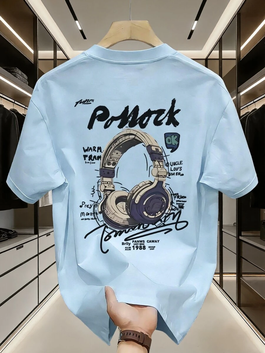 1 buah Kaos Lengan Pendek Kasual Bergambar Headphone untuk Anak Laki-laki Remaja, Atasan Musim Panas untuk Siswa Muda - Baby Blue - View 1