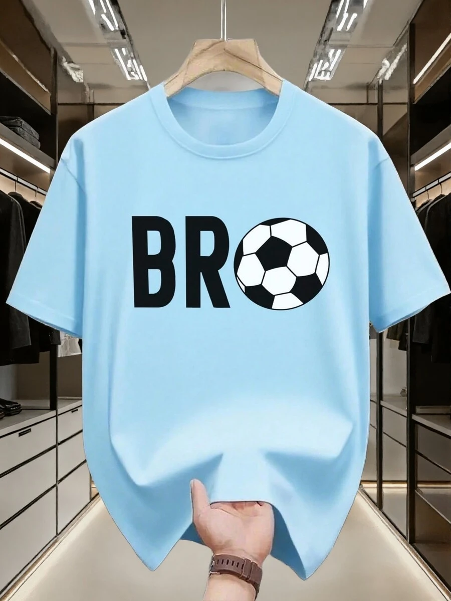 青少年男孩“BRO”足球图案浅蓝色圆领短袖 T 恤,适合夏季活跃的青少年男孩 - 藍色 - 查看 1