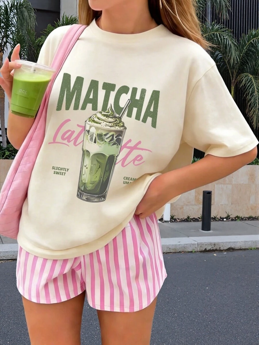 少女印花短袖T恤，学生及年轻女孩休闲装，夏季上衣，随时准备玩耍 - 杏色 - 查看 1