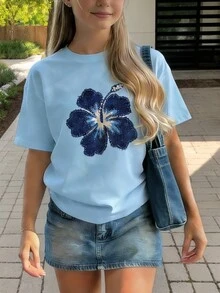 女童图案印花短袖 T 恤，学生幼童服装，适合准备玩耍的女孩的夏季休闲上衣 - 藍色 - 查看 1