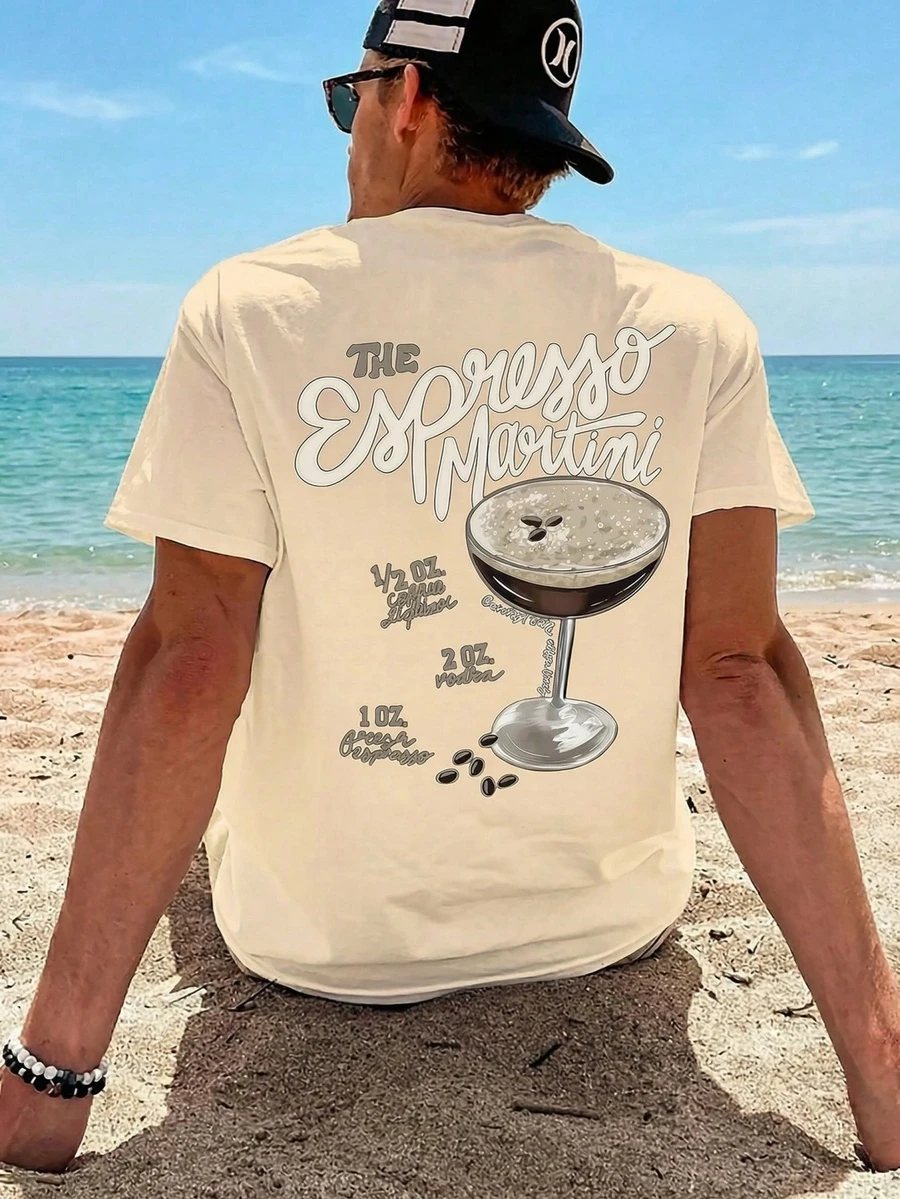 男士印花T恤，沙滩夏季穿着，宽松短袖T恤 - 杏色 - 查看 1