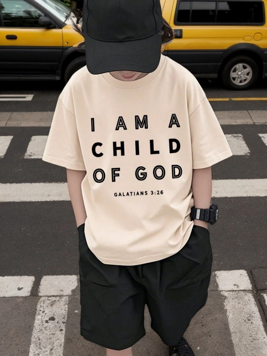 1 pieza Camiseta de manga corta con estampado de eslogan para niño preadolescente, top casual de verano para estudiante joven - Albaricoque - Ver 1