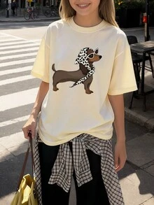 1pc Tween Girls' Dachshund Print Short Sleeve T-Shirt, Student Youth Clothing, Summer Gift For Kids - Apricot - View 1