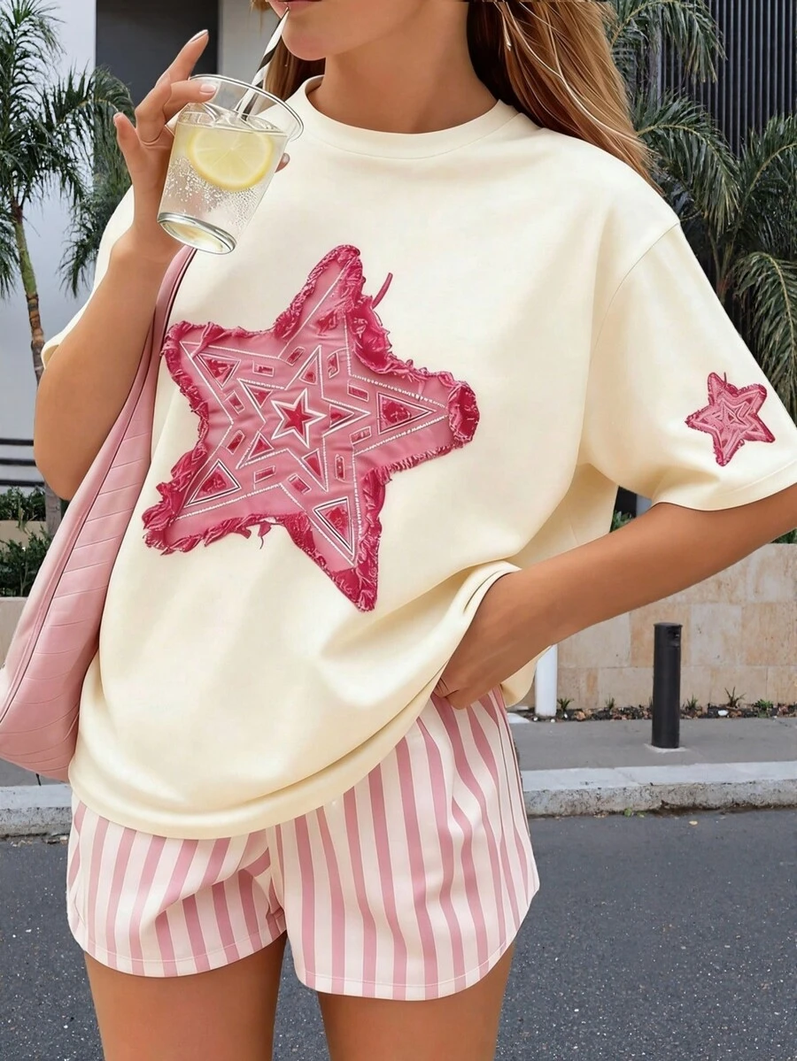 1 chiếc áo thun ngắn tay in hình ngôi sao và denim cho bé gái tuổi teen, trang phục thường ngày năng động dành cho học sinh, áo mùa hè cho bé gái sẵn sàng vui chơi. - Màu be - Xem 1