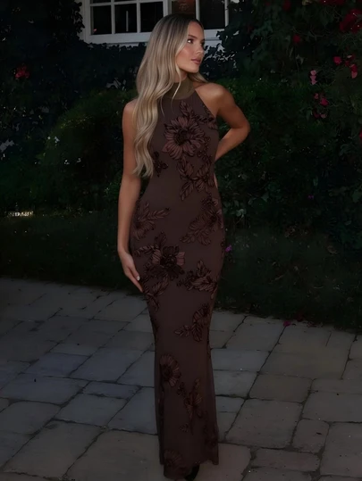 Women's Floral Embroidery Sleeveless Maxi Dress, Solid Color Sexy Elegant Party Knit Fabric Backless Tie Strap Beach Holiday Date Single Party Travel Birthday Party Festival Spring Summer Autumn