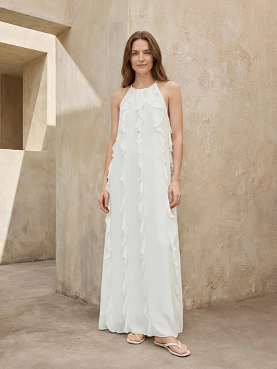 Vestido elegante y modesto de mujer de unicolor con volantes/flecos en el bajo, vestido de tirantes finos para vacaciones, fiestas en la playa, citas, primavera/verano, color blanco