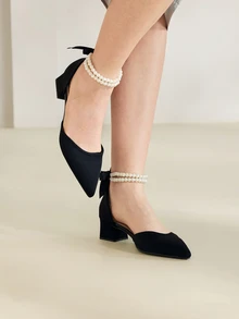 Clariva Fall/Winter 2025 New Fashion Women Black High Heels, Thick Heel, Pointed Toe Sandals, Mid-Heel Pumps, Summer Shoes, Mary Janes,Elegant,Elegant,Party Outfits - Black - View 4