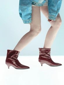 Rollcall 2025 秋冬女式复古亮面酒红色尖头小猫跟踝靴，秋季、冬季、秋季、优雅派对和休闲一脚蹬短靴 - 酒紅色 - 查看 6