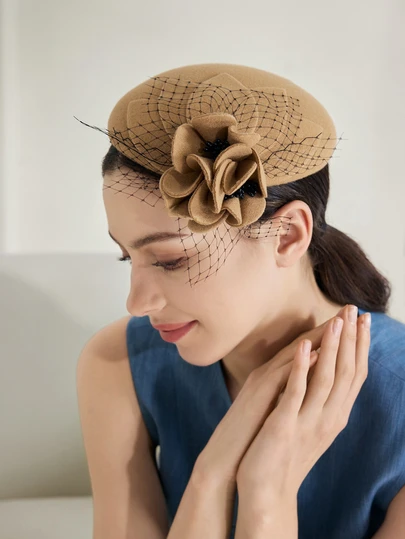 Clariva 1 件装贝雷帽羊毛毡帽英伦风格药盒帽女士德比婚礼复古迷人帽子带面纱女士礼物