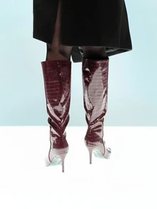 Rollcall 经典尖头女式性感细高跟冬季石纹拉链保暖靴，棕色和酒红色 PU 皮革，及膝靴 - 棕色 - 查看 5