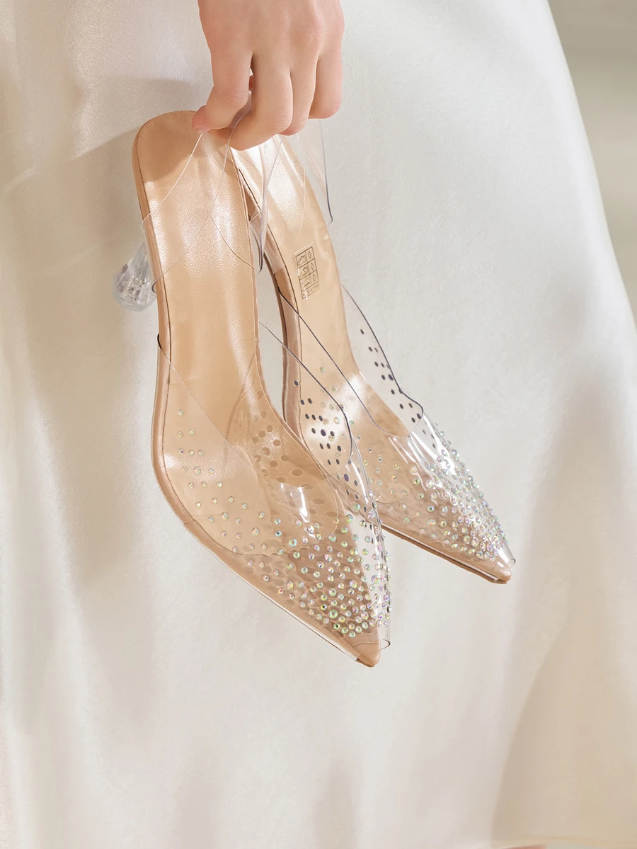 Clariva 秋冬女士时尚水晶装饰尖头高跟凉鞋，百搭设计，适合音乐节、派对、春夏等场合，优雅时尚 - 杏色 - 查看 1