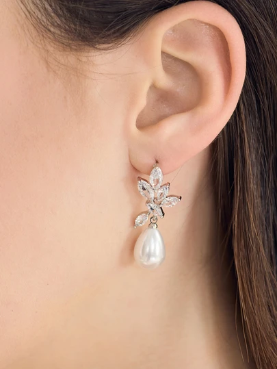Clariva 1Pair Gorgeous Gold - Plated Pearl & Cubic Zirconia Drop Earrings - Ideal For Daily Wear, Banquets, Gatherings, Weddings - Bridal Pearl Earrings