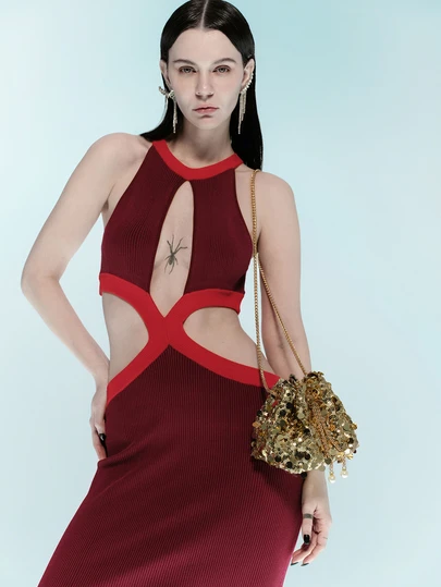 Rollcall 1pc Shiny Gold Sequin Drawstring Closure PVC Strap, Decorative Colorful Beaded Women's Bucket Shoulder Bag, Fashion Gift Suitable For Party Dresses, Graduation Gowns, Sequin Dresses, Elegant Dresses, Bridal Party , New Year , Gold Bag