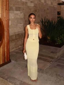 FOR BEAUTY Spring/Summer New Arrival Women's Solid Yellow Knit Two Pieces Set Wavy-Hem Youthful Knit Cardigan Paired With Long Knit Skirt With Belt Elegant Vacation-Ready Style, Perfect For Beach Getaways And Everyday Outings Vacation Set, Women's Summer Clothing, Women's Vacation Outfits, Women's Beachwear - Yellow - View 1