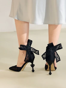 Clariva 秋冬万圣节蝴蝶结网纱波点踝带黑色心形镂空尖头细高跟鞋，情人节、优雅、派对必备 - 黑色 - 查看 5