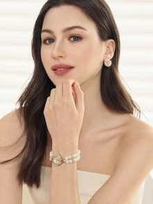 Clariva 1pc Women's Double Strand Pearl Elastic Crystal Inlaid Alloy Casing Arabic Numeral Dial Casual Quartz Watch - Gold - View 2