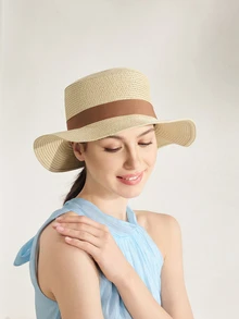 Clariva 1 Stück khakifarbener, retroenglischer Stil Leder-Sonnenschirm-Hut, geeignet für den täglichen Gebrauch - Beige - Übersicht 1