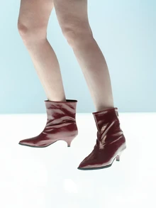 Rollcall 2025 秋冬女式复古亮面酒红色尖头小猫跟踝靴，秋季、冬季、秋季、优雅派对和休闲一脚蹬短靴 - 酒紅色 - 查看 2