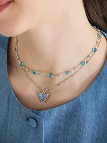 Clariva 2件套蓝色水晶蝴蝶项链，女士/女孩双层颈链首饰礼品 - 藍色 - 查看 5