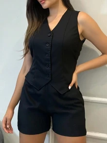 Women's Elegant Business Sleeveless V-Neck Shirt Cardigan With Button Design, Classic Black Minimalist Commuting Outfit With Faux Pocket, Paired With Simple Casual Shorts, 2-Piece Set Summer - Black - View 3