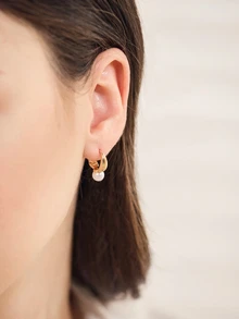 Clariva 2 件优雅简约仿珍珠金色环状耳环女士 - 金黃色 - 查看 5