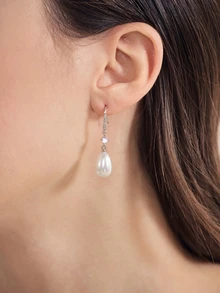 1 Pair Copper-Tone Faux Pearl Teardrop Earrings, Suitable For Women's Daily Wear - Silver - View 5