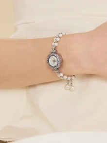 Clariva 1pc Women's Fashion Quartz Watch With Double Pearl-Studded Adjustable Retractable Chain, Alloy Case, Arabic Numeral Dial, Elegant Design For Ladies Student - Silver - View 5