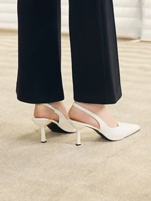 Clariva Tacones de punta fina con tacón estrecho para mujeres, sandalias mule sin talón elásticas - Albaricoque - Ver 5