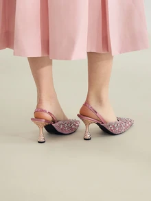 Clariva 秋冬粉色弹力带后跟镶钻女士凉鞋，尖头露跟方跟高跟鞋，独特设计，优雅派对鞋 - 粉色 - 查看 3