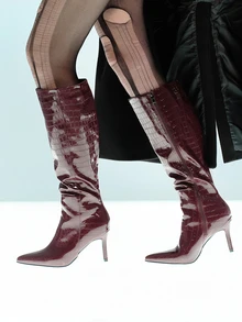 Rollcall 经典尖头女式性感细高跟冬季石纹拉链保暖靴，棕色和酒红色 PU 皮革，及膝靴 - 棕色 - 查看 4