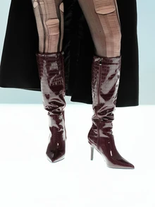 Rollcall 经典尖头女式性感细高跟冬季石纹拉链保暖靴，棕色和酒红色 PU 皮革，及膝靴 - 棕色 - 查看 3