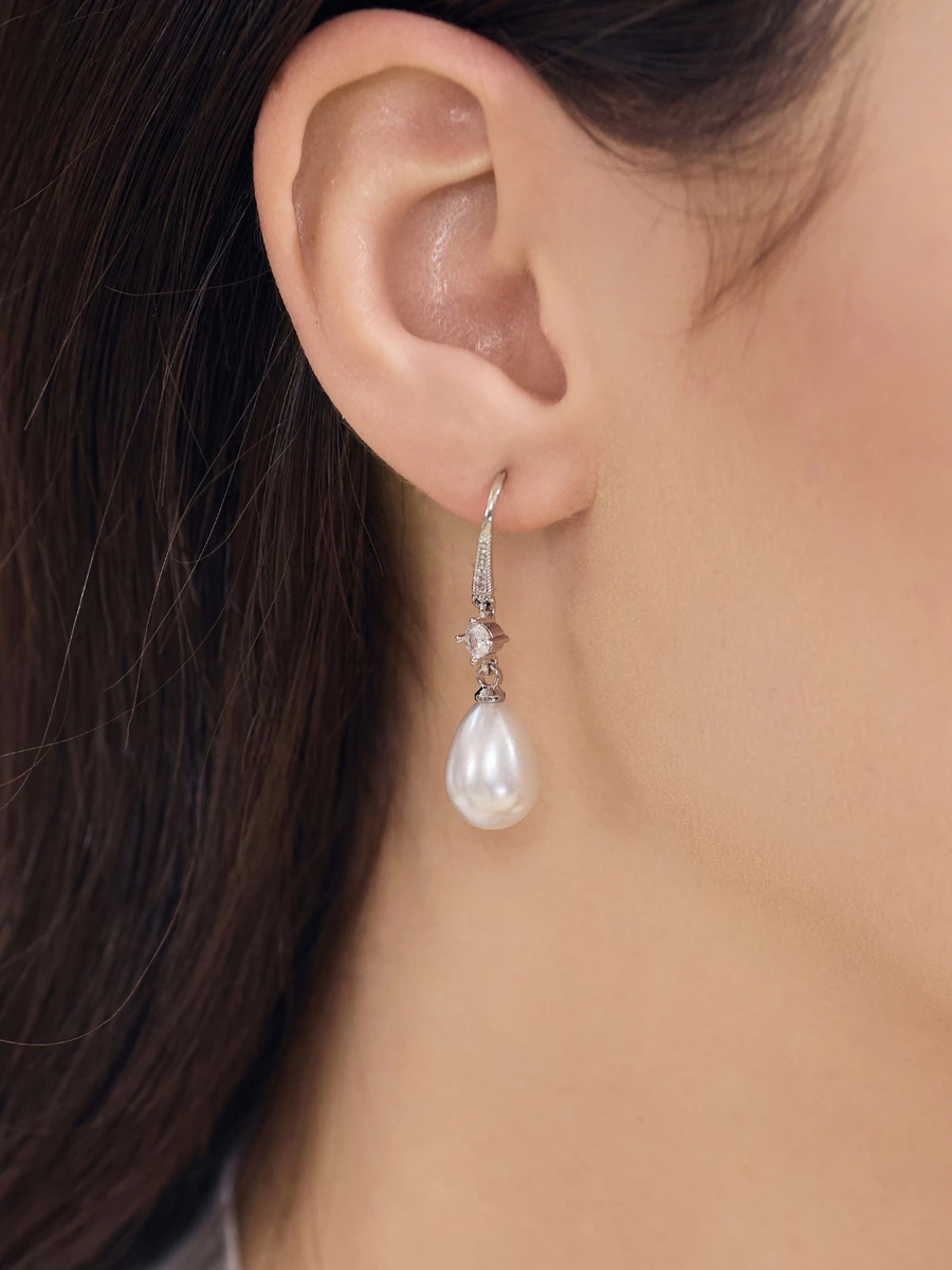 1 Pair Copper-Tone Faux Pearl Teardrop Earrings, Suitable For Women's Daily Wear - Silver - View 1