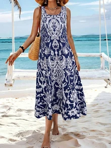 New European And American Summer Bohemian All-Over Print Casual Dress - Blue - View 1