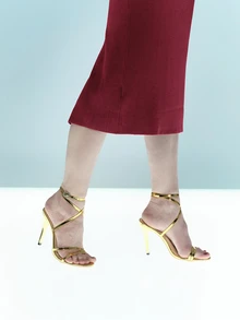时尚性感派对系带高跟鞋，女士2025新款夏季细跟露趾优雅交叉系带圆头凉鞋 - 金色 - 查看 1