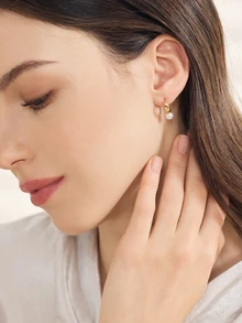 Clariva 2 件优雅简约仿珍珠金色环状耳环女士 - 金黃色 - 查看 3