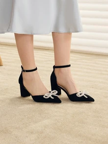 Clariva Fall/Winter 2025 Faux Pearl Bow Elegant Chunky Heel Shoes, Pointed Toe Hollow Out High Heels, Suitable For Wedding Season,Elegant,Women Pumps,Elegant,Party Outfits - Black - View 2
