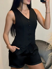 Women's Elegant Business Sleeveless V-Neck Shirt Cardigan With Button Design, Classic Black Minimalist Commuting Outfit With Faux Pocket, Paired With Simple Casual Shorts, 2-Piece Set Summer - Black - View 1