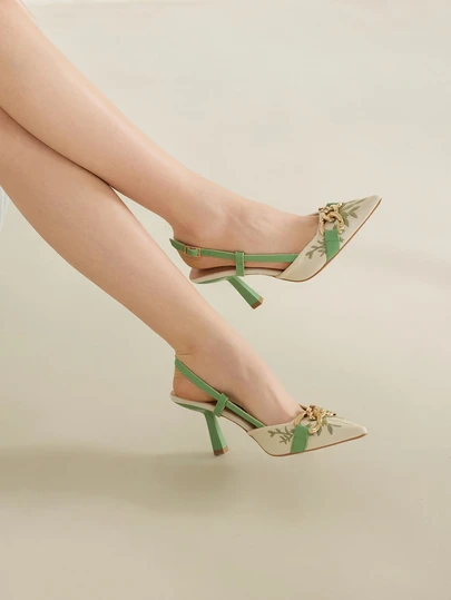 Clariva Women's Embroidered Chain Decor Pointed Toe Slingback Stiletto Heel Sandals, Fashion High Heels Suitable For Vacation, Daily, Work, Party, Music Festival, Formal Occasions, Elegant Green Dress Shoes, Comfortable Pointed Toe High Heels For Spring/Summer