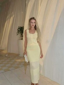 FOR BEAUTY Spring/Summer New Arrival Women's Solid Yellow Knit Two Pieces Set Wavy-Hem Youthful Knit Cardigan Paired With Long Knit Skirt With Belt Elegant Vacation-Ready Style, Perfect For Beach Getaways And Everyday Outings Vacation Set, Women's Summer Clothing, Women's Vacation Outfits, Women's Beachwear - Yellow - View 7