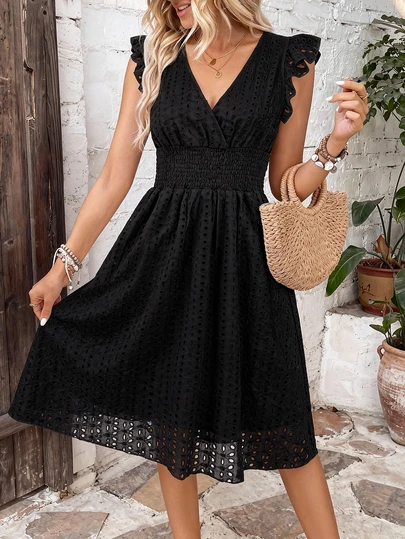 Rochie de vară pentru femei, cu mâneci lungi și evazate, cu dantelă jacquard, scobită în gol, cu decolteu în V, linie A, culoare solidă, rochie de seară cu volane