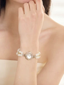 Clariva 1pc Women's Double Strand Pearl Elastic Crystal Inlaid Alloy Casing Arabic Numeral Dial Casual Quartz Watch - Gold - View 4