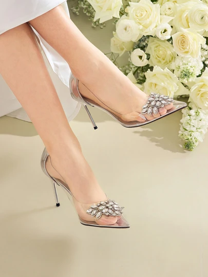 Clariva 女士手工水晶花卉装饰透明高跟尖头细高跟鞋，时尚婚鞋，银色和香槟色，适合春秋季节