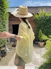 Áo sơ mi dài tay cài cúc màu trơn dành cho nữ, áo tay dài, trang phục chống nắng, thích hợp mặc quanh năm vào mùa xuân. - Vàng nhạt - Xem 2